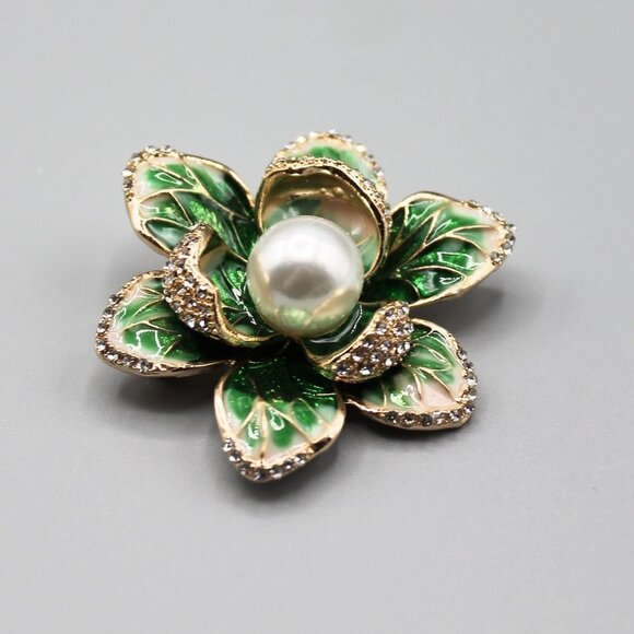 Flower jewelry brooch pin pendant nature white pearl green yellow gold tone - Picture 9 of 12